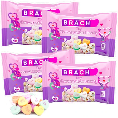 GEEOOLLAH Tiny Conversation Hearts Candy 4 Pack - Assorted Fruit Flavored Heart Candies with Fun Messages - Grape, Cherry, Banana, Orange, Lemon-Lime, Wintergreen - For Parties, Gifts & Treats - 5 oz Bags