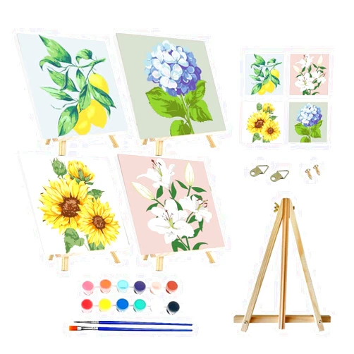 SupaDiya Framed with Easel 4 Pcs DIY Paint by Numbers Kit for Adults Beginners, Flower Lemon Easy Acrylic Watercolors Oil Number Painting Art on Canvas with Easel for Home Wall Decor and Gift 8x8inch