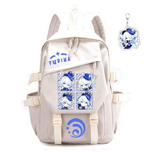 SodaMeow Genshin Impact Backpack Women Men Unisex Scaramouche Rucksack Hu Tao Xiao Bag Kawaii Backpack, Free Keychain (White-Furina)