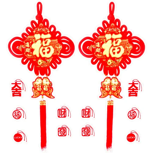 GameXcel Chinese New Year Decoration Red Chinese Knotting Cord Chinese Fu Character 3D Twin Fish Charm Tassel Lucky Felt Hanging Ornament for Lunar Year Snake 2025 Spring Festival Party Decor 35 * 16in 12 PCS