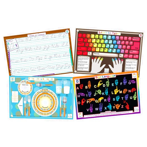 Tot Talk Life Skills Educational Placemat 4-Pack for Kids – Made in USA – Table Setting & Etiquette, Learn to Type, Cursive Writing, & Sign Language – Durable, Double-Sided, Waterproof, Wipeable Mats