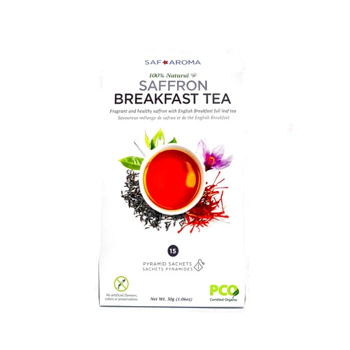 Safaroma Saffron Breakfast Tea - Freshly Harvested Containing Premium Red Saffron Threads - Organic Black Tea Eco-Conscious Sachets