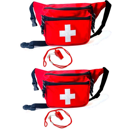 ASA TECHMED 2 Pack Lifeguard Fanny Pack With Whistle Lanyard - Baywatch Style First Aid Hip Pack w/Adjustable Strap, Cross Logo + Zipper Pouch, Emergency Equipment Set