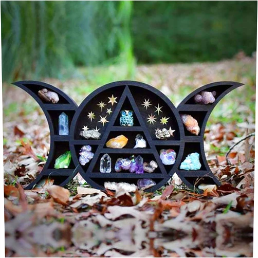 Holyavision Crescent Moon Shelf for Crystals Stone, Essential Oil, Small Plant and Art - Wall, Room, and Gothic Witchy Decor - Moon Phase Rustic Boho Shelfs - Wooden Hanging Floating Shelves - Black