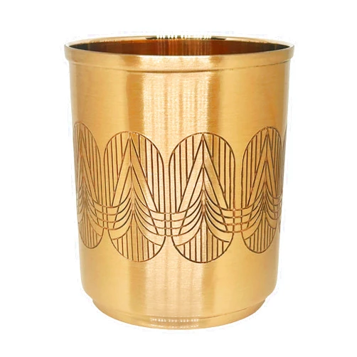 Luene Brass Tumbler Mug with Etched Design - Vintage, Mid-Century, Modern, Contemporary, Designer Metal Drinking Cup - Festive Holiday Glasses - Bathroom Toothbrush Holder - Gold Colored 14 Oz Glass