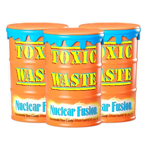 TOXIC WASTE - Nuclear Fusion Hazardously Sour Candy - Raspberry-Lemon, Pineapple-Passionfruit, Grape-Strawberry, Banana-Blueberry, & Orange-Apple Flavors - 1.48 oz. Drums - 3 Pack