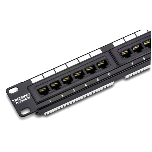 TRENDnet 24-Port Cat5-5e RJ-45 UTP Unshielded Patch Panel, Wallmount or Rackmount, 100Mhz, Color-Coded Labeling, Cat5,Cat5e,Cat4,Cat3 Compatible, 1U Rackmount, Black, TC-P24C5E