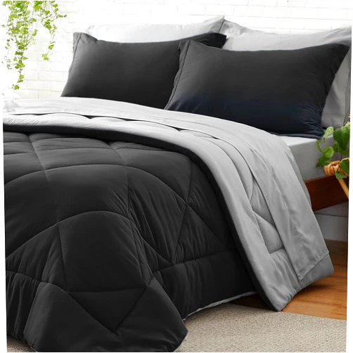 BEDELITE Queen Comforter Set 7 Pieces Bed in A Bag - Soft Microfiber Reversible Black Bed Set with Comforters, Sheets, Pillowcases & Shams, Cozy Luxury Bedding Sets for All Season