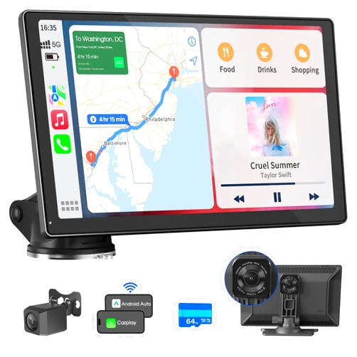 Avylet 9'' Wireless Apple Carplay Screen & Android Auto with 4K Dash Cam, Portable Car Stereo, 1080P Backup Camera, GPS Navigation, Car Audio Receivers Bluetooth, Mirror Link, Voice Control,AUX,FM
