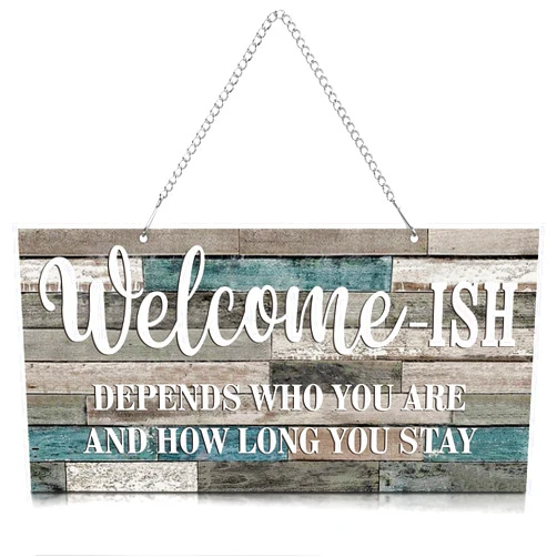 Hotop Funny Welcome Sign Front Door Sign Welcome-ish Hanging Sign 12 x 6 Inch, Rustic Welcome Wall Decor Farmhouse Door Decor for Home Porch Decor Entryway (White Words with Light Blue and Grey Base)