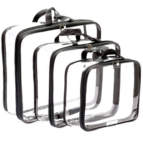 Olanmark Clear Compression Packing Cubes 3 Set - Large See-Through Plastic Suitcase Bags for Travel - Luggage Compressable Organizers - Transparent PVC Collapsible Cosmetic Bag for Backpack Black