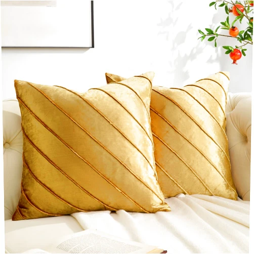 GIGIZAZA Decorative Velvet Pillow Covers 18x18, Set of 2 Gold Sofa Couch Throw Pillows Covers Cases, Living Room Square Cushion Accent Stripe Covers