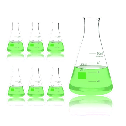 Utile Glass Erlenmeyer Flask Set, 50ml Narrow Mouth Erlenmeyer Flasks, 6pcs of Borosilicate 3.3 Glass Conical Flasks for Laboratory with Printed Graduation, 4016.0050.6