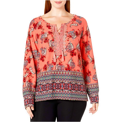 Vintage America Blues Women's Plus Size Lara Long Sleeve Lace Up Blouse, Rose Porcelain Print, 3X