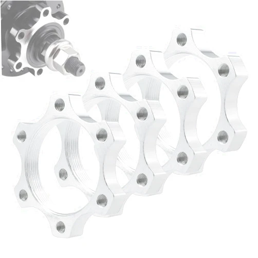 SATUY 44MM Bike Freewheel Threaded Hubs Disk Flange Adapter, 1.73-inch Aluminum Alloy 6-Bolt Disc Brake Rotor Flange Adapter, 4 Pack Silver
