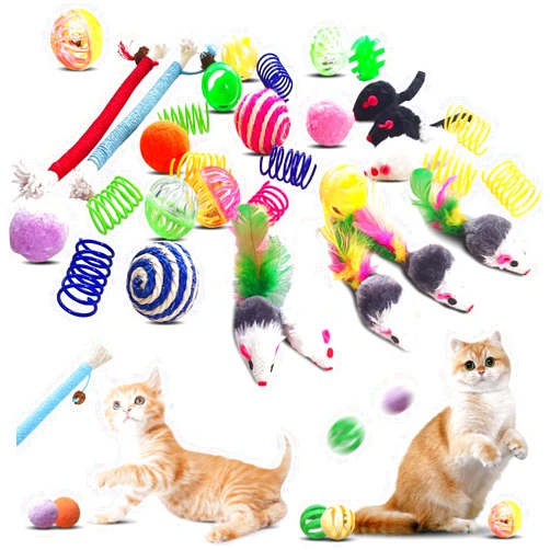 YULOYI Cat Toys for Indoor Cats, 34 Packs Interactive Cat Toys for Kitten, Cat Toys Set with Colorful Cat Spring Toys, Cat Mouse Toy, Catnip Ropes, Colorful Balls and Bells, Sisal Ball