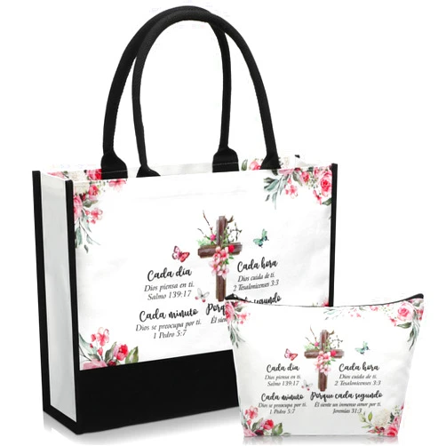 Aliceset 2 Pcs Christian Gifts for Women Spanish Canvas Tote Gifts Religious Bible Verse Tote Bag with Makeup Bag