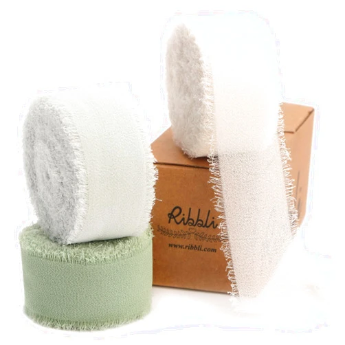 Ribbli Green Ribbon 1 Inch x 3 Rolls Total 24 Yards Ivory/Sage/Forest Green Handmade Fringe Chiffon Silk Ribbon for Wrapping Wedding Invitations Bridal Bouquets DIY Crafts Home Decor
