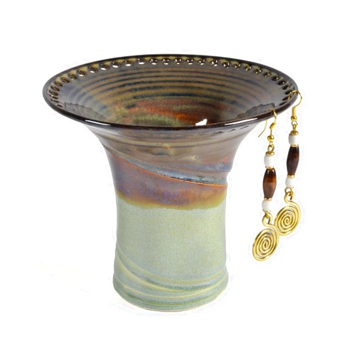 The Barrington Garage Handmade American Pottery Earring Holder by Barb Lund, Waterfall Brown/Lime Green