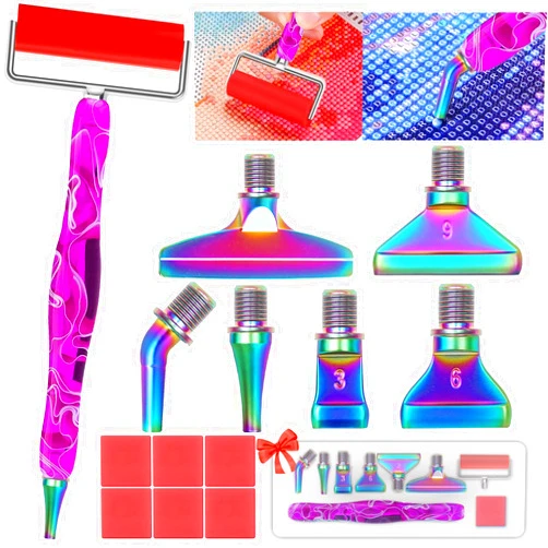 Heyseri 14PCS Diamond Painting Pen Accessories Tools Set, Exquisite Stainless Steel Metal Pen Tips,Ergonomic Diamond Art Pen and 6 Painting Glue Clay,Comfort Grip and Faster Drilling (Purpl Rainbow)