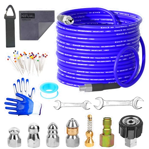 YETIANICAL NIFUAL 100FT Sewer Jetter Kit for Pressure Washer, 5800PSI Drain Cleaner Hose 1/4 Inch NPT Corner, Rotating and Button Hose Sewer Jetting Nozzle Waterproof Tape Pearl Corsage Pin Spanner Glove