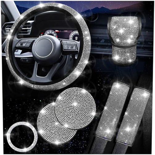 BxuxJar 7PCS Bling Car Accessories, Car Rhinestone Steering Wheel Cover for Women Universal, Bling Car Coasters, Rhinestone Gear Shift Cover and Bling Seat Belt Covers (White)