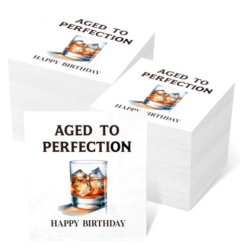 Mooliwe 100 Pack Aged to Perfection Birthday Cocktail Napkins Funny Whiskey Bourbon Napkins Birthday Party Decorations for Men Bourbon Whiskey Lovers Drinkers Adults