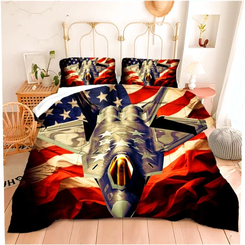 BIVVI American Flag Bedding Military Airplane Full Comforter Set for Boys Young Man Vintage Air Force Theme Bedding Comforter Sets Teens Youth USA National Flag Fighter Plane Quilt 3Pcs