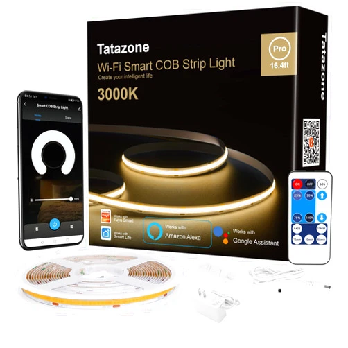 Tatazone Smart White COB Led Strip Light with App and Remote, 16.4ft 3000K Bright Warm White WiFi COB Light Strip Work with Alexa Google, Dimmable Indoor COB Led Lights for Mirror, Cabinet, Kitchen