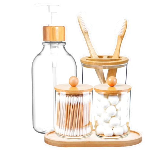 KIUSOWAYD 5 Pack Bamboo Bathroom Accessories Set with Tray - Plastic Soap Dispenser Clear Toothbrush Holder and 2 Qtip Holder Cotton Ball Container Jar