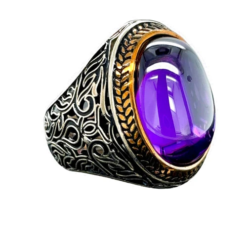 Mercan Silver Amethyst Ring, Silver Men Handmade Ring, Purple Gemstone Ring, Amethyst Men's Ring, Embroidered Men's Ring, 925k Sterling Silver Ring