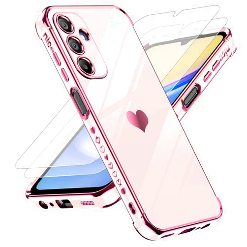 LeYi for Samsung Galaxy A15-5G Case: with Tempered Glass Screen Protector [2 Pcs]+ Full Camera Lens Protection, Love Heart Plating Girly Women Luxury Shockproof Android Case Cute Present for Mom, Pink