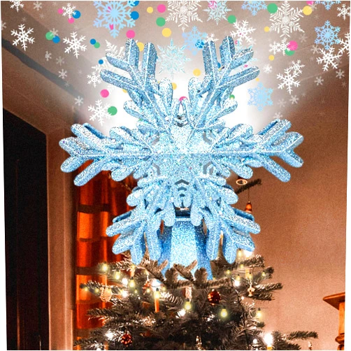 Adiwiid Christmas Tree Topper Lighted with Silver Snowflake Projector, Christmas Tree Topper Lighted, Led Rotating Magic Snowflake, 3D Hollow Silver Snowflake Tree Topper for Indoor Xmas Tree Decor