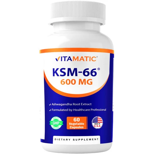 Vitamatic KSM-66 Ashwagandha Root Extract + Bioperine - 600mg, 60 Veggie Caps (1200 mg per 2 Capsules)