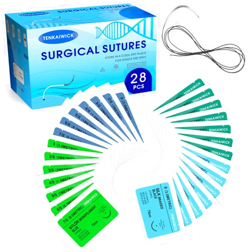 TENKAIWICK 28 Packs Sutures Thread with Needle,Mixed Sutures, Training Threads(0,2/0,3/0,4/0,5/0,6/0,7/0) for Practicing Suturing can be Used for Suture Pads, Fruit peels,4 Material