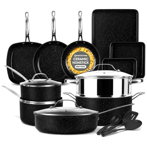 GRANITESTONE 20 Pc Complete Pots and Pans Set Non Stick Cookware Set with Saute Pan, Bakeware, Steamer, Cooking Utensils, Made Without PFOA PFOS, Oven and Dishwasher Safe
