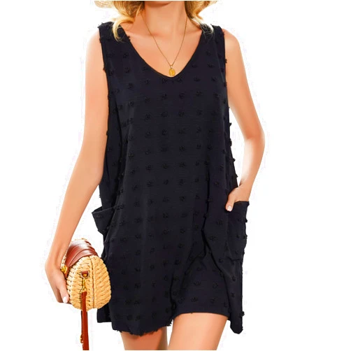Pleneal Beach Swimsuit Cover Up for Women, Swiss Polka Dot Bathing Suit, Classic V Neck Dress with Pockets
