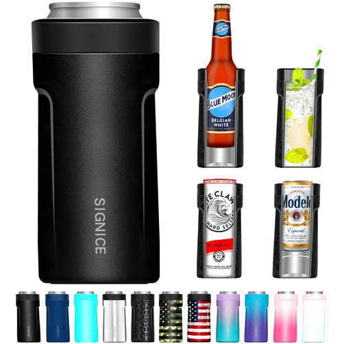 Signice 3 In 1 Insulated Universal Can Cooler - Signice Double Walled Vacuum Insulator Stainless Steel Slim Can Cooler for 12 Oz Skinny Tall Standard Regular Can Beer Bottle (Matte Black)