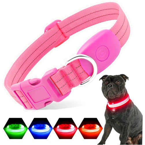 PZRLit Light Up Dog Collars Rechargeable, Reflective LED Glow Dark Dog Collar for Small Medium Large Dogs, Adjustable Pet Dog Lights for Safe Night Walk-Pink, Small