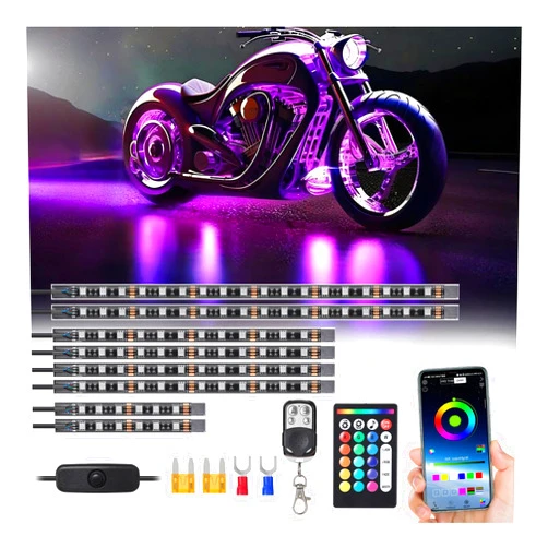 TDE Explorer.Lighting 8 Piece RGB Motorcycle LED Underglow Kit with Brake Turn Signal, APP Control Music Sync, 24/4 Key Dual Remote, Waterproof Multicolor Motorcycle Strip Light for Harley Davidson Kawasaki ATV Golf Cart