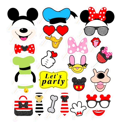 JIVELER 25PCS Micky Mouse Photo Booth Props with Stick, Mini Mouse Selfie Props, Micky Mouse Themed First Birthday Party Supplies, Donald Duck Backdrop Decorations Boy Girl Kids First 1st Bday Baby Shower