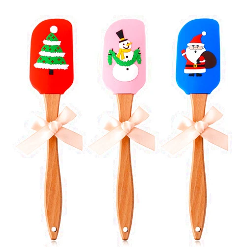 Latauar Silicone Spatula Gift Set - Christmas Cake Decorating Spatulas with Wooden Handle, Snowman, Tree, Santa Claus Pattern, Perfect for Gifts, Baking (3 PCS)