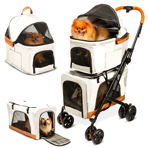 PAWLALA Double Pet Stroller with Detachable Carriers - Ideal for 2 Dogs or Cats - Compact & Convenient Design - Easy Assembly Double Dog Stroller - Cosmic Beige