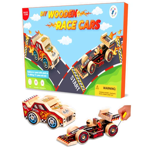 Little Jupiter DIY Wooden Kits w/ Stickers - Kids Building Kit - Stem Building Toys - Wood Crafts for Kids - Woodworking Kits for Kids - Wood Building Kits for ages 4-7 Yrs (Open & Closed Wheel Race Cars)