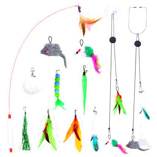 Otunrues Hanging Cat Toys, Interactive Cats Feather Toy for Indoor Cats Doorway Retractable Cat Teaser Wand Toy 9PCS Replaceable Feathers Refills Play Exercise Small Cat Toys