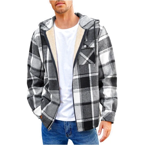 COOFANDY Men's Flannel Fleece Jacket Sherpa Lined Shirt Jacket Plaid Zip Up Hoodie Soft Warm Coat with Hood