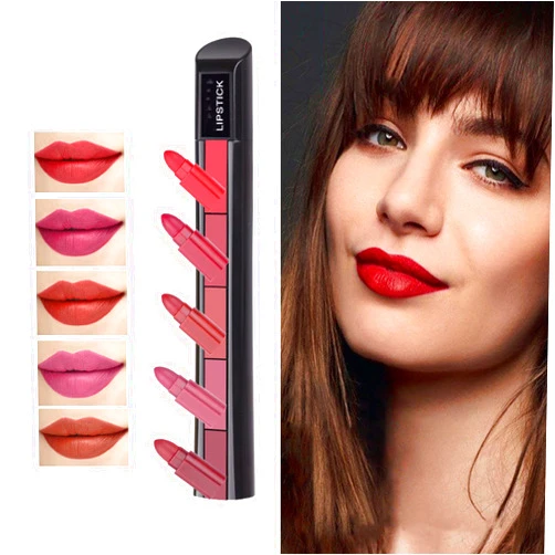 MJMCXPR 5 in 1 Velvet Matte Compact Lipstick 5 in 1 Matte Lipstick Matte Velvet Lip Gloss Long Lasting Waterproof Lipstick Makeup High Pigment Lip Makeup Christmas Makeup Gifts for Women (#01)