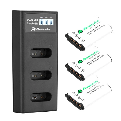 Powerextra NP-BX1 Battery 3 Pack and 3-Channel USB Charger for Sony NP-BX1 and Sony Cyber-Shot DSC-RX100, DSC-RX100 II, DSC-RX100M II, DSC-RX100 III, DSC-RX100 IV, DSC-RX100 V/VII, ZV-1