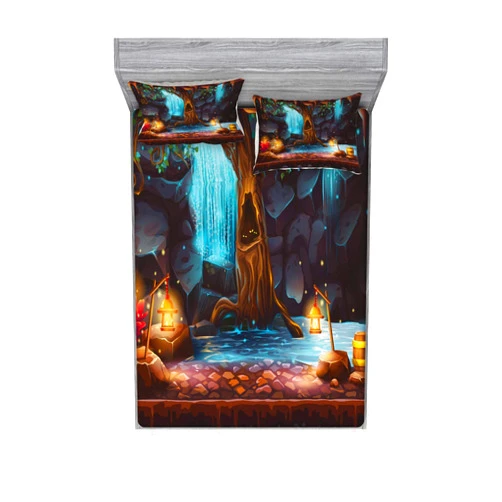 Lunarable Fantasy Fitted Sheet & Pillow Sham Set, Enchanted Forest Cave Waterfall and Magic Tree Cask Colorful Elf Image, Decorative Printed 3 Piece Bedding Decor Set, Full, Brown and Blue