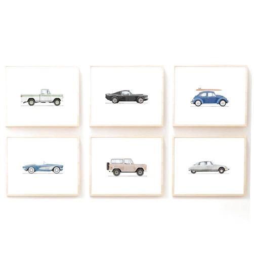 Tanmart Blue Car Wall Art Decor Boys Room Wall Art Vintage Cars Canvas Poster Toddler Kids Room Wall Art Watercolor Car Pictures Prints for Boys Bedroom Nursery 8x10 Inch Unframed Set of 6